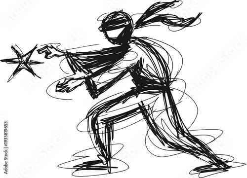 Dynamic ninja warrior throwing shuriken in action pose with blurred motion effect