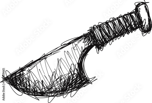 Rough sketch of a large curved knife with wrapped handle, drawing of blade cutting tool