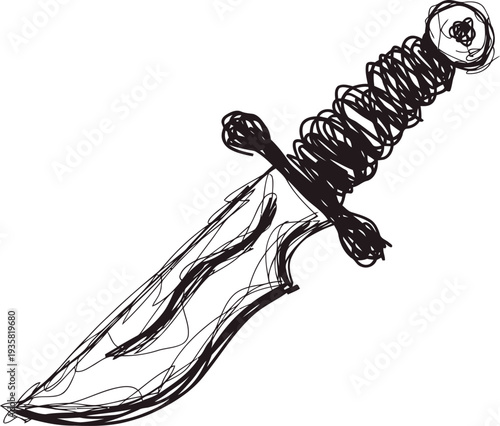 Hand drawn dagger sketch with detailed blade and wrapped handle in black ink on white background