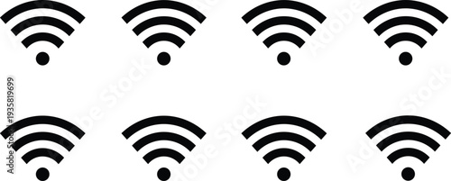 Vector illustration of eight identical Wi-Fi signal icons arranged in rows, representing wireless connectivity, internet access, and digital communication technology for design and education purposes