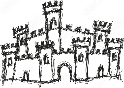 Hand drawn sketch of a medieval castle with towers and arched entrances in black ink