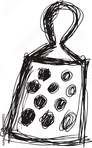 Sketch of a kitchen cheese grater with holes and a handle in black doodle