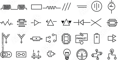 Vector illustration of electrical and electronic schematic symbols including resistors, capacitors, transistors, diodes, switches, meters, ICs, and circuit components for engineering, design, 