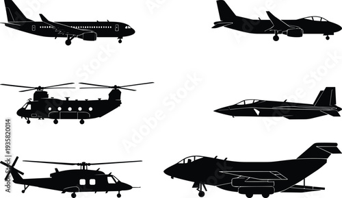 Military and civilian aircraft silhouette set with fighter jets helicopters and passenger airplanes isolated on white background aviation vector collection
