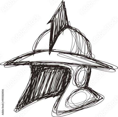 Medieval knight helmet sketch with plume and visor, vintage armor head protection drawing