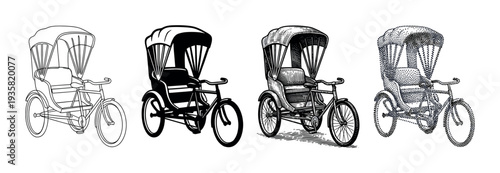 Four vintage traditional cycle rickshaw illustrations showcase diverse artistic styles including outline, solid silhouette, detailed engraving, and stippling techniques from a side view