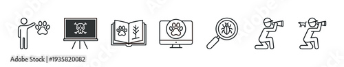 Collection of diverse animal care line icons illustrating pet health, veterinary services, and animal observation concepts in a clean, minimalist outline style