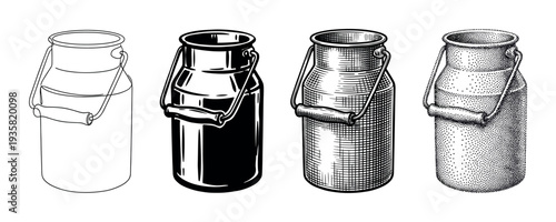 Four distinct vintage milk cans are presented in various classic illustration styles, including outline, solid, hatching, and stippling, evoking a traditional farm and dairy theme