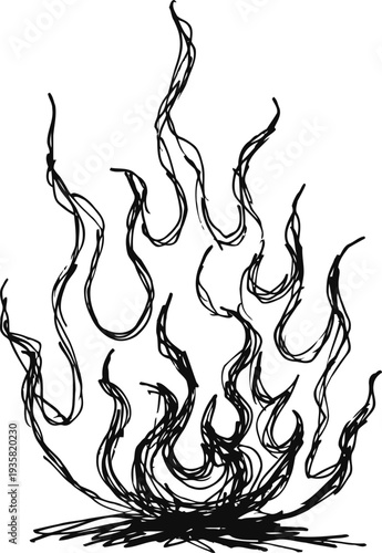 Abstract hand drawn fire flames sketch with dynamic swirling lines and bold black strokes on white background
