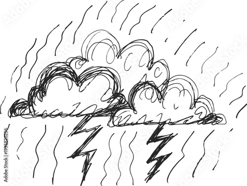 Sketch of stormy weather with rain, thunderclouds, and lightning bolts in simple black lines