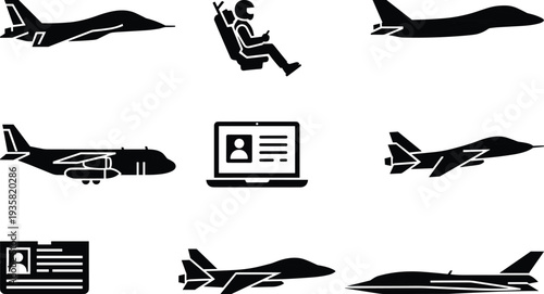Military aircraft and pilot silhouette icon set fighter jets cockpit seat ID card and laptop isolated on white background vector collection