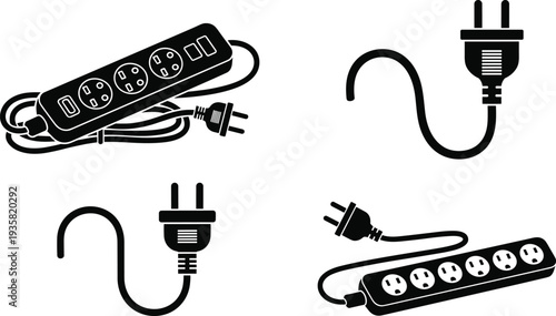 Vector illustration of electrical power strips and plugs showing multiple outlet designs, USB ports, and curved cords for household, office, and electronic device connection use