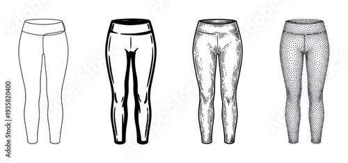Four distinct black and white illustrated women's leggings are presented in various artistic styles, showcasing different rendering techniques from simple outline to detailed stipple work