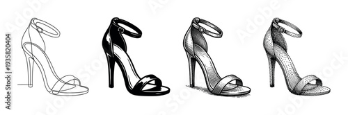 Four elegant high-heeled sandals with ankle straps are depicted in various artistic illustration styles, including clean line art, solid black fill, detailed hatching, and intricate stippling