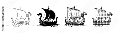 Four stylized dragon-headed Viking longships are depicted in a row, showcasing diverse artistic styles including outline, solid silhouette, detailed line art, and halftone dot patterns