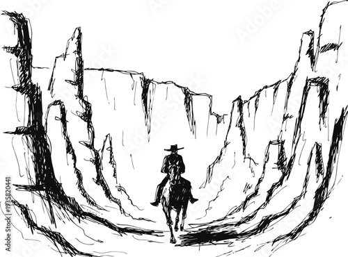 Cowboy riding horse through narrow canyon with tall rock cliffs silhouette drawing