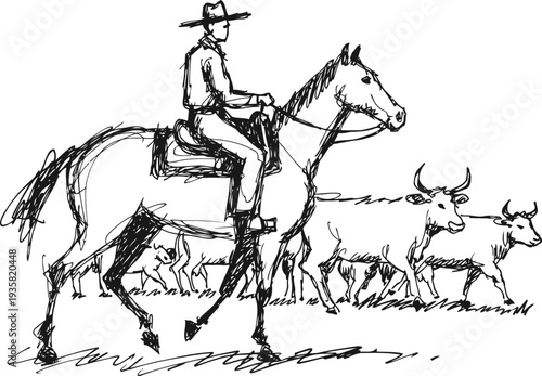 cowboy riding horse herding cattle on open range ranch outdoor sketch drawing