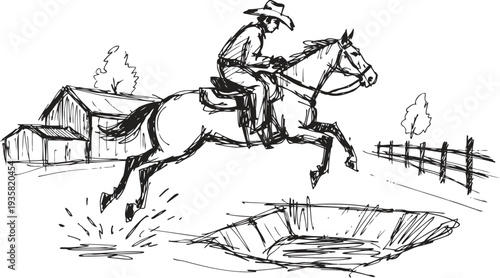 Cowboy jumping horse over water hole in ranch setting with barn and fence background