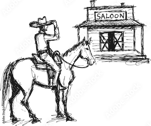 Cowboy on horseback looking at old western saloon building sketch drawing