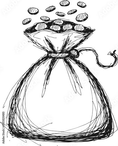 Hand drawn sketch of money bag with coins falling out, financial savings and wealth concept