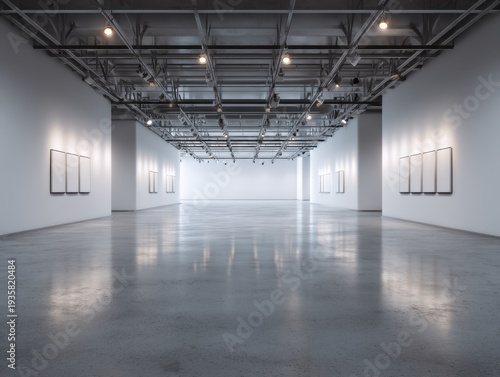 Empty gallery with polished concrete floor. Industrial ceiling with exposed ductwork and lights. White walls hold framed blank canvases. Clean, minimalist space reflects modern art venues