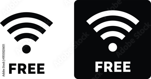 Vector illustration of free Wi-Fi icons in black and white designs showing wireless internet availability for cafes, airports, libraries, and public connectivity purposes