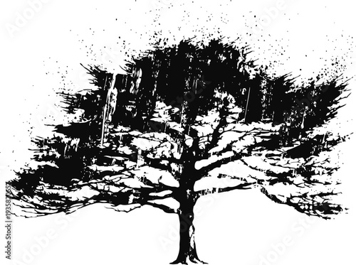 Black silhouette of a large tree with spreading branches and detailed leaves design