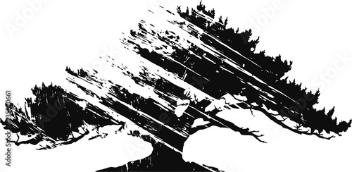 Abstract stylized wind swept tree silhouette with dynamic brush stroke design in black and white