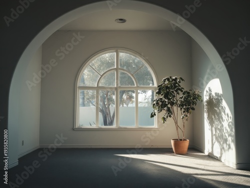 Sunlight streams through arched window. Potted plant stands near window's base. Archway frames serene, empty room. Soft shadows cast across floor. White walls, muted tones, quiet atmosphere