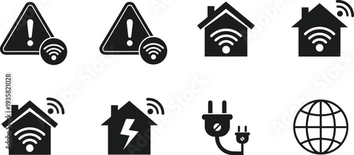 Vector illustration of smart home and internet connectivity icons including Wi-Fi alerts, houses with signals, power plug, and globe symbol for technology and communication design