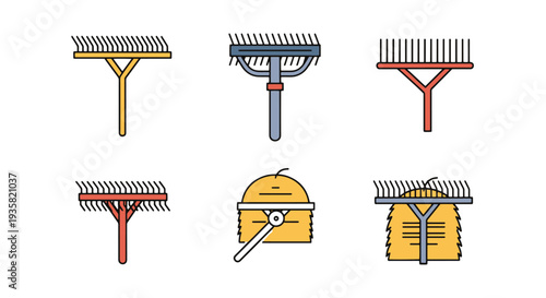 Hay rake Line art vector set clean color artwork