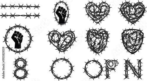 Barbed wire illustration, heart fist shield design, resistance protest artwork, black silhouette graphic, restriction protection symbol, edgy typography icon