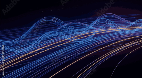 Vibrant blue and orange light trails wave across dark background with motion blur effect creating dynamic energy
