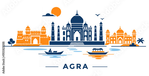 Agra India Skyline with Taj Mahal and Historic Landmarks Flat Vector Illustration