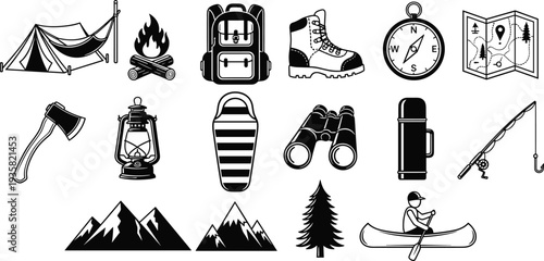 Camping outdoor icons, hiking adventure gear, tent campfire backpack illustration, fishing canoe design, mountain pine tree graphic, travel exploration artwork