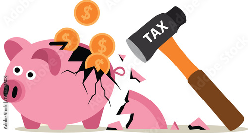 Broken piggy bank with tax hammer and coins financial burden concept vector illustration isolated on light background