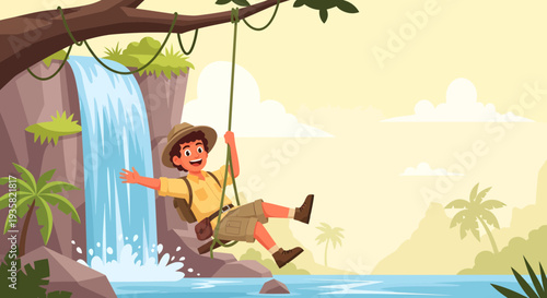 Young Explorer Swinging Joyfully Through Jungle Adventure.