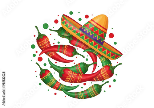 Vibrant sombrero and chili peppers fiesta emblem