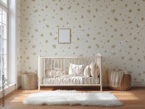 Cozy nursery features a crib, star-patterned wallpaper, and natural light. Soft pillows and blankets add warmth to the space. Woven baskets sit beside the crib, holding storage items