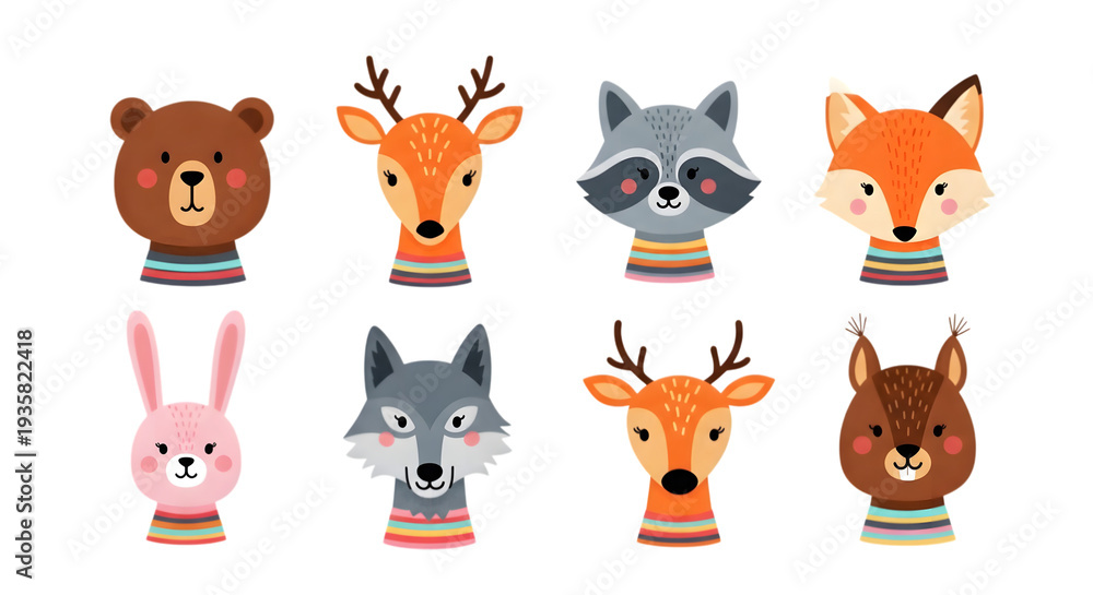 Obraz premium Eight cartoon animal heads isolated on transparent background