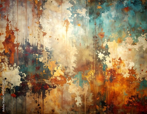 An abstract, textured artwork with a watercolor-like effect. It features splatters of colors, primarily orange, blue, and brown