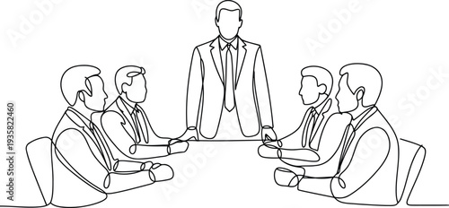 A group of corporate executives is collaborating around a conference table in a modern minimal drawing