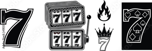 Lucky number seven illustration, casino gambling symbols, jackpot slot machine art, playing card suits design, rum crown flame icon graphic