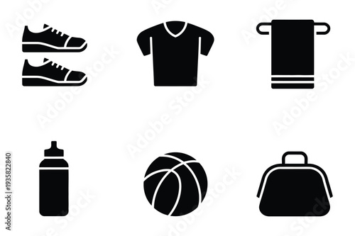 Sports Equipment Icons: Sneakers, Shirt, Towel, Water Bottle, Ball, Bag