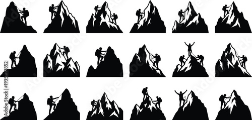 Collection of black silhouettes featuring mountain climbers scaling steep peaks and reaching summits isolated on white background for adventure designs