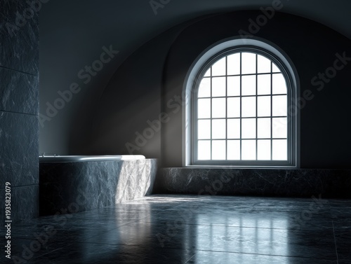 Dark stone room with arched window. Sunlight streams through grid-patterned glass. Shadows fall across polished floor surface. Heavy stone walls frame quiet, atmospheric space