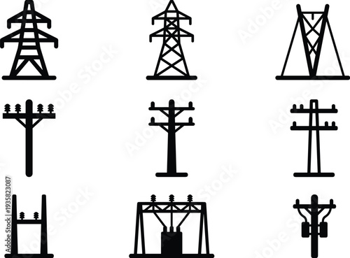 Electrical infrastructure icons set, transmission towers, utility poles, substations, transformers, insulators, power lines, electricity grid, energy system, silhouette, flat vector illustration