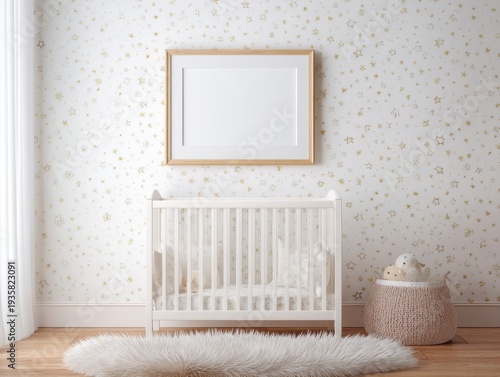 Minimalist nursery with white crib and framed picture. Gold leaf wallpaper adds subtle elegance. Soft rug and woven basket complete cozy look. Natural wood frame hangs above the crib