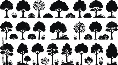 Forest tree silhouette set, nature landscape icons, black plant collection, flat vector illustration for design, branding, web, print, and backgrounds – flat vector illustration