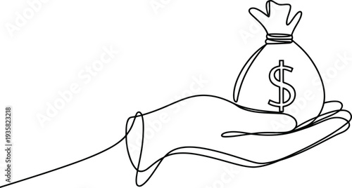 A human hand gently supports a money bag marked with a dollar sign in a flowing continuous line